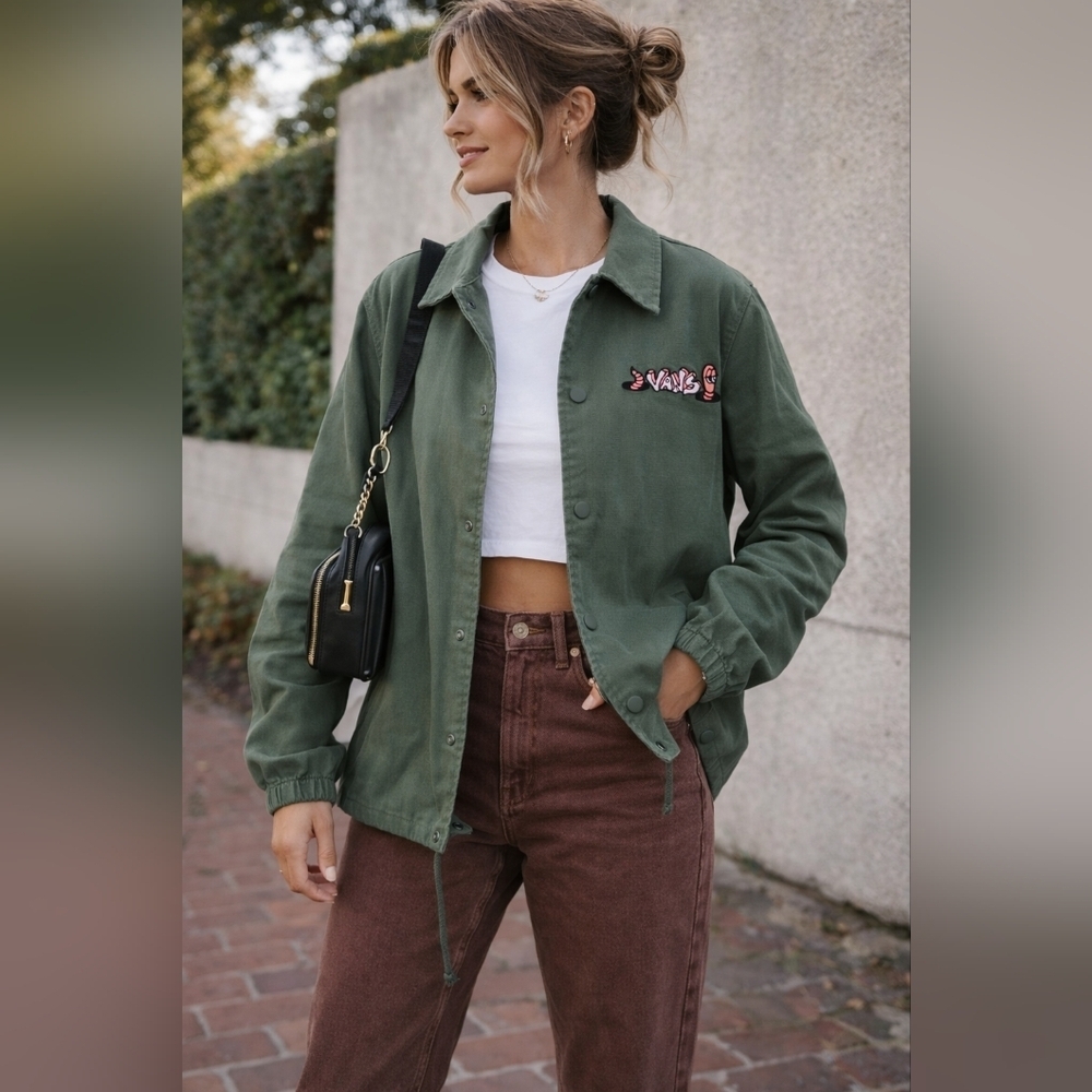 Vans Olive Green Coach Jacket Small Embroidered Logo Streetwear